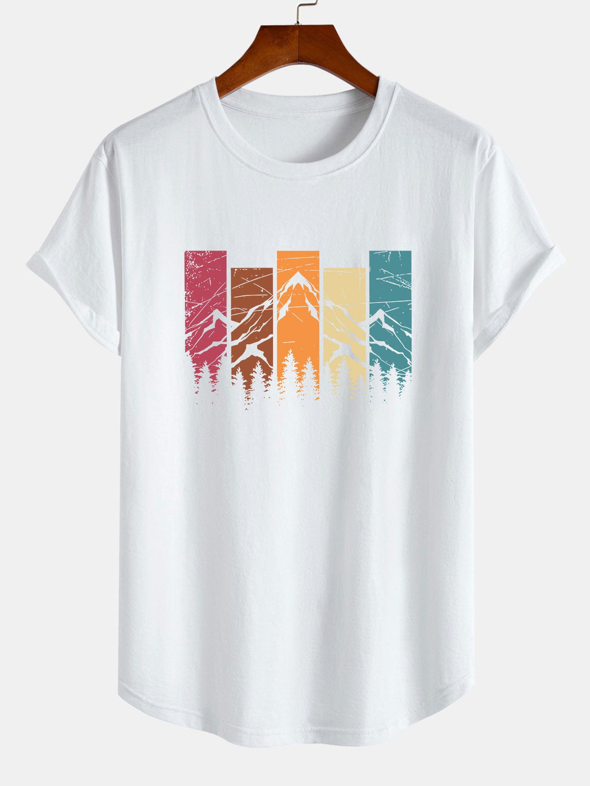 Camiseta de Algodão com Estampa Colorida de Montanha e Barra Curvada