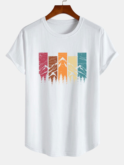 Camiseta de Algodão com Estampa Colorida de Montanha e Barra Curvada