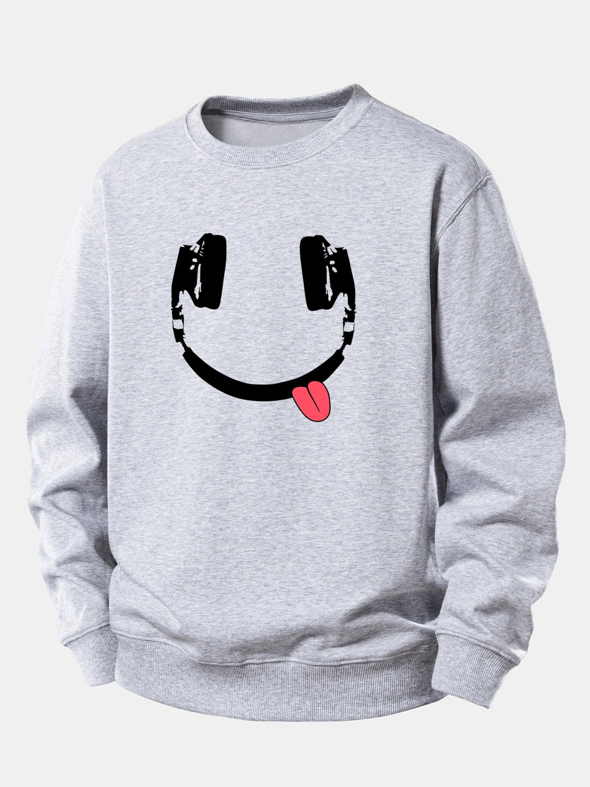 Moletom de caimento confortável com estampa de carinha sorridente usando fones de ouvido