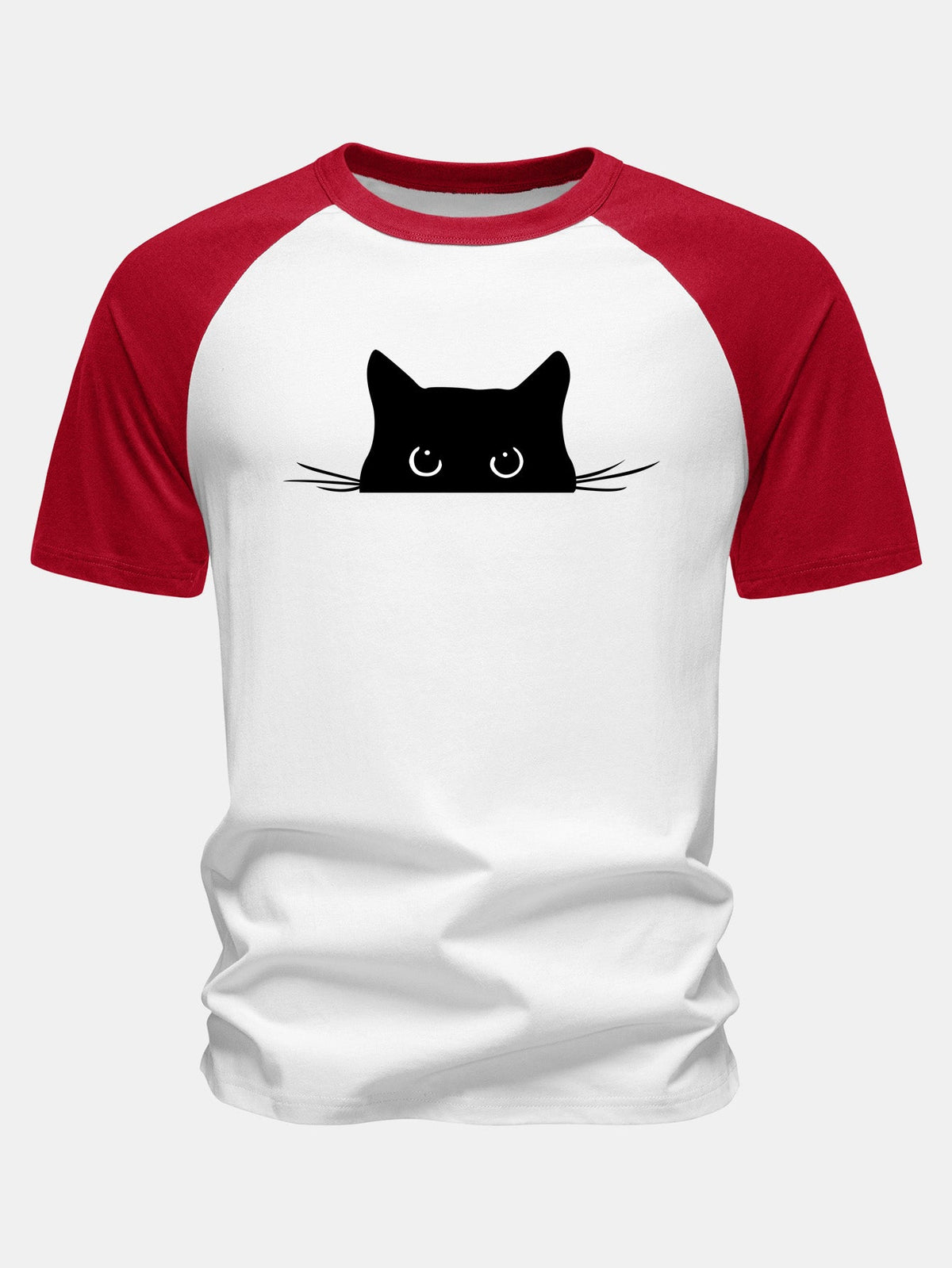 Camiseta de algodão com mangas raglã e estampa de gato preto