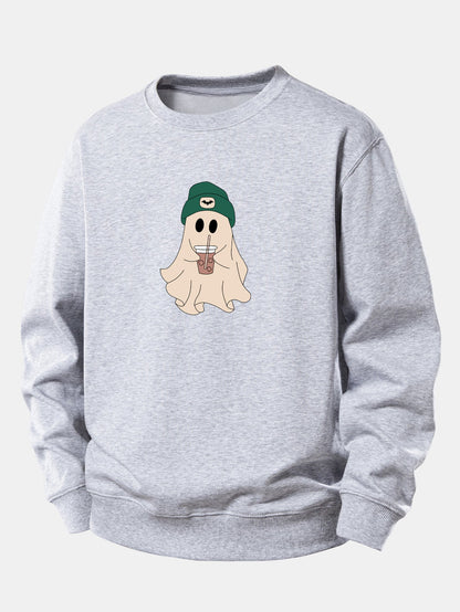 Moletom de corte confortável com estampa de fantasma fofo tomando café