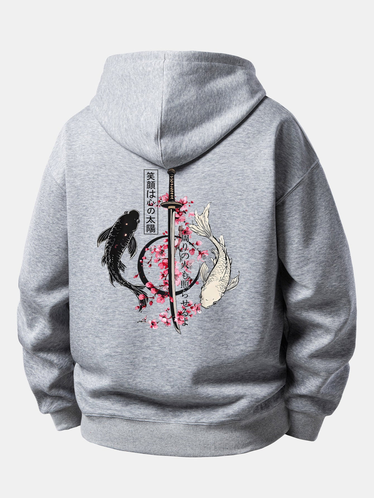 Moletom de caimento confortável com estampa de samurai japonês, katana, carpas koi e sakura