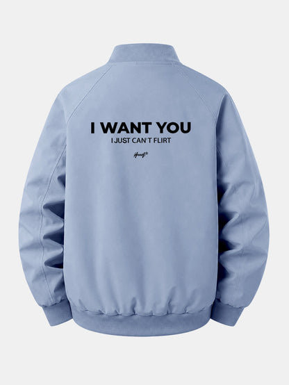Jaqueta bomber com zíper, modelagem confortável e estampa "I Want You Back"