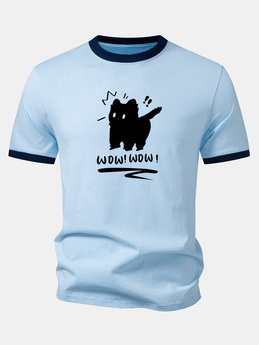Camiseta com estampa de gato assustado, gola e mangas contrastantes