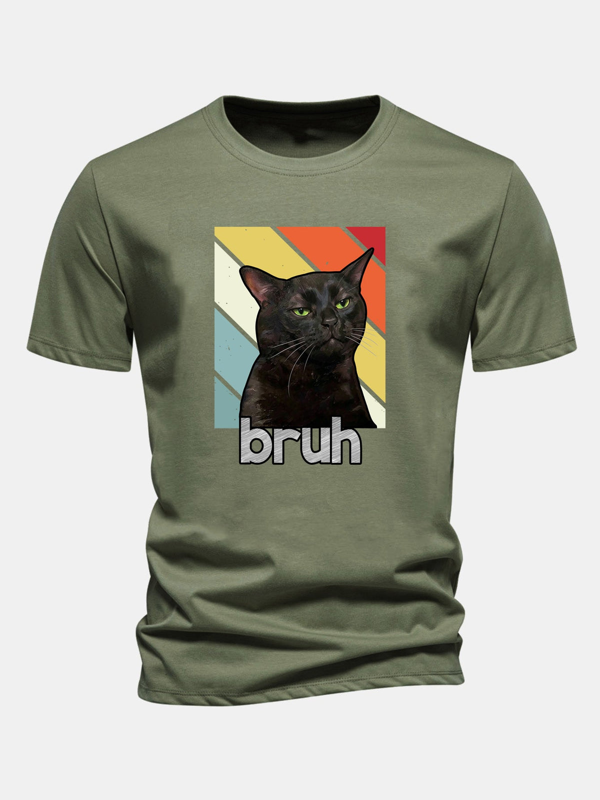 Camiseta de algodão preta com estampa de gato, corte regular, Bruh