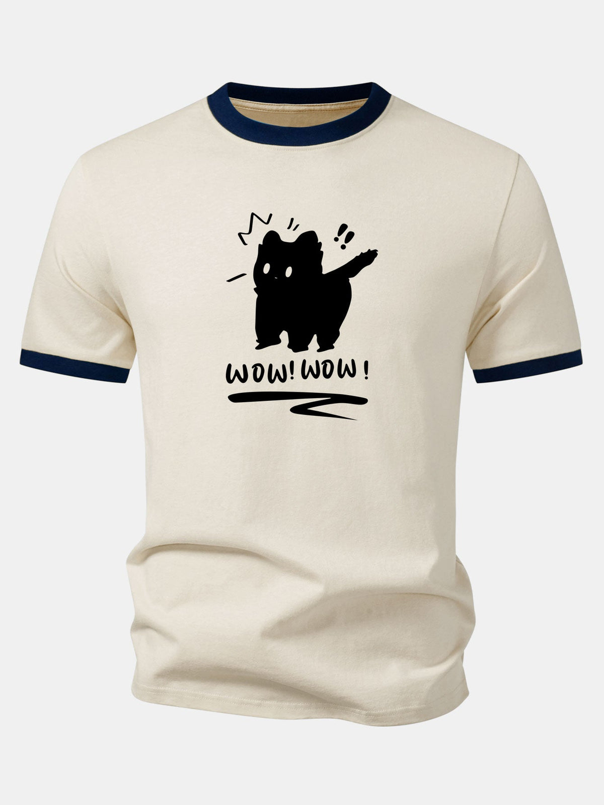Camiseta com estampa de gato assustado, gola e mangas contrastantes