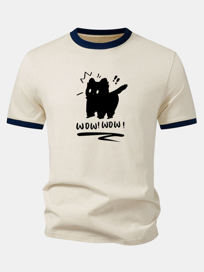 Camiseta com estampa de gato assustado, gola e mangas contrastantes