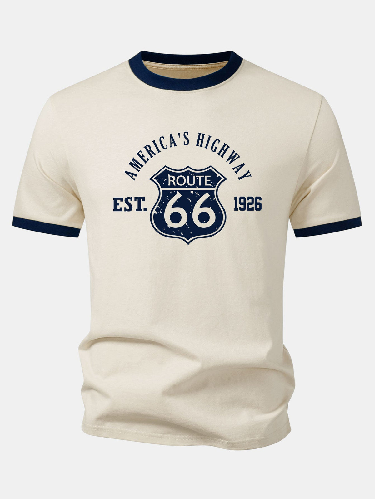 Camiseta Vintage Route 66 America's Highway com Estampa e Detalhe Contrastante