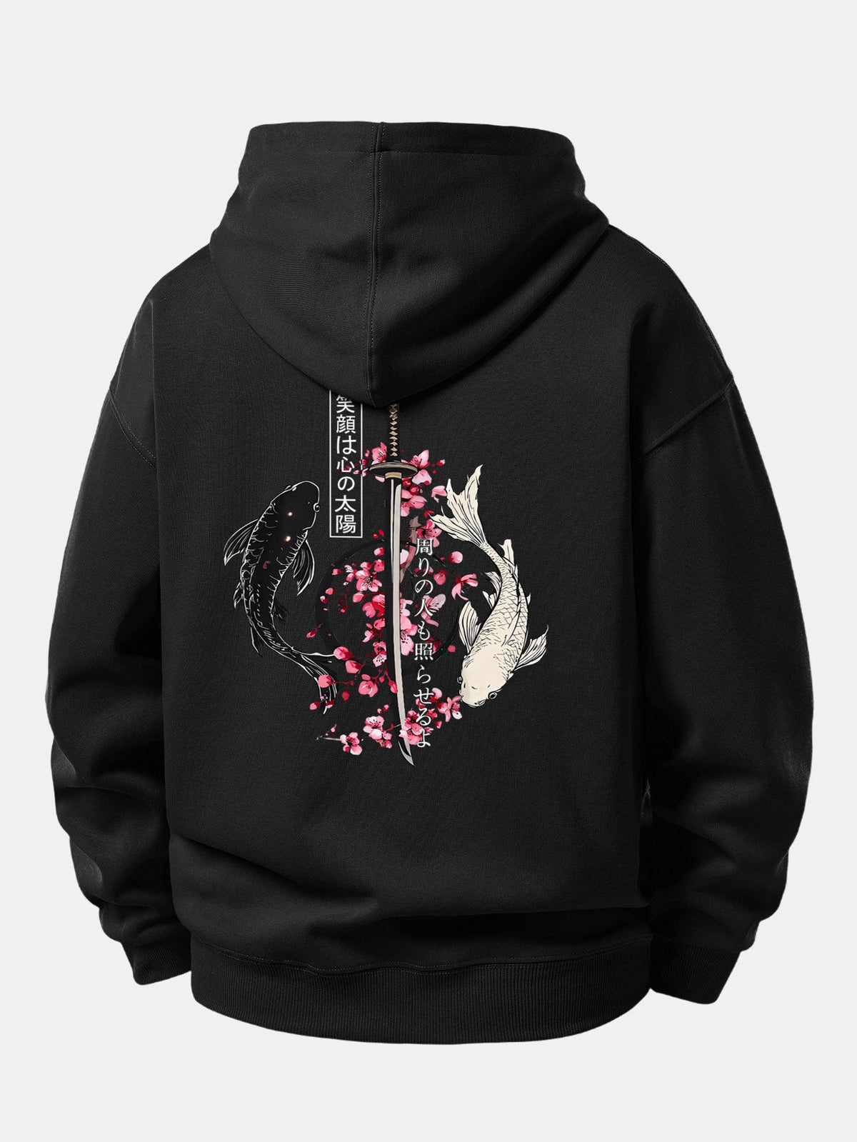 Moletom de caimento confortável com estampa de samurai japonês, katana, carpas koi e sakura
