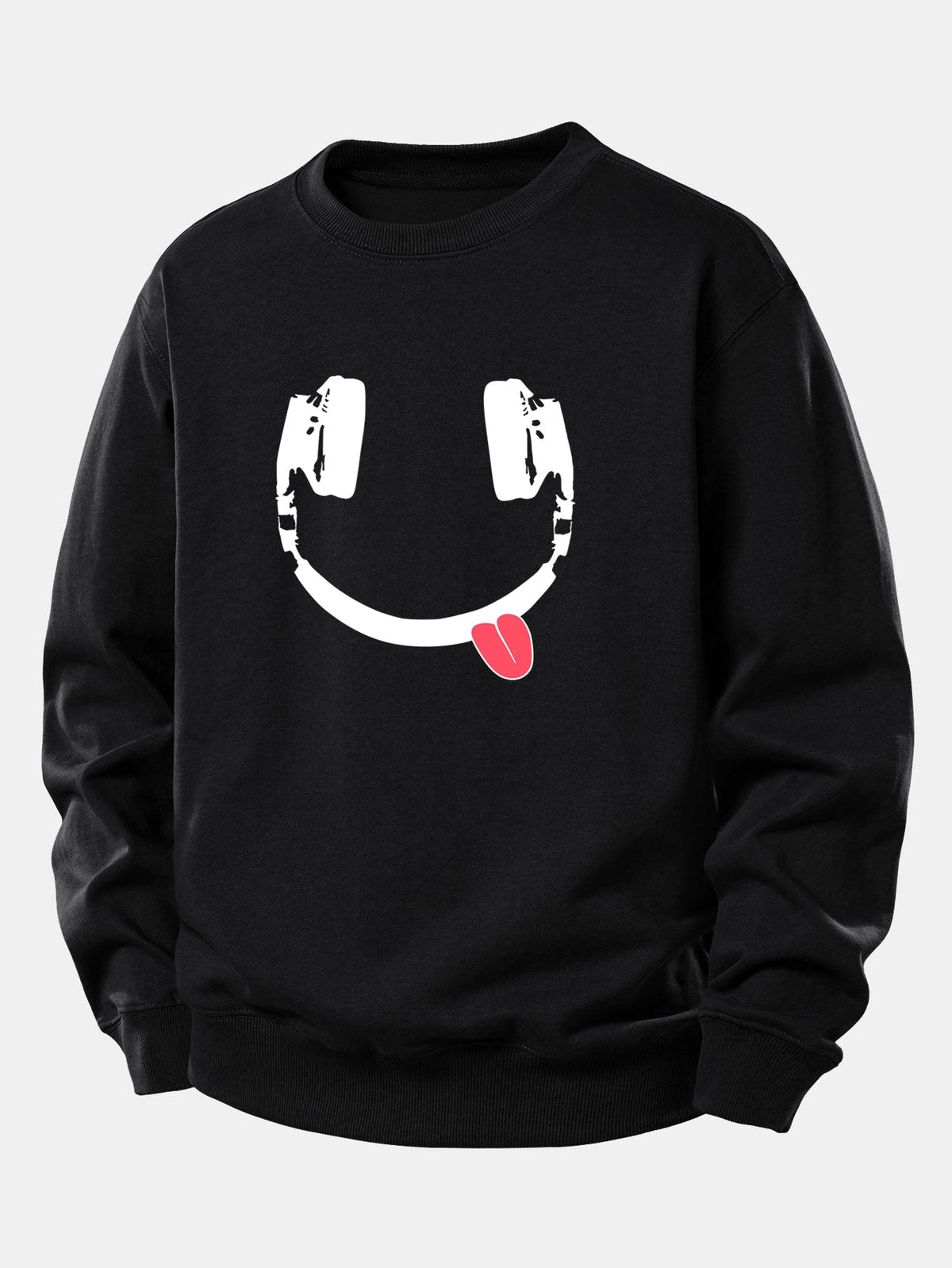 Moletom de caimento confortável com estampa de carinha sorridente usando fones de ouvido