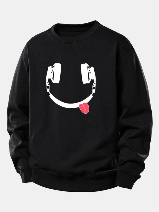 Moletom de caimento confortável com estampa de carinha sorridente usando fones de ouvido