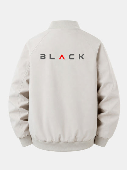 Jaqueta bomber preta estampada, de corte confortável e com zíper