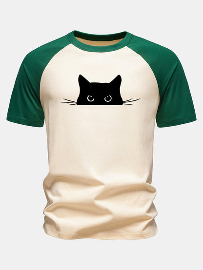 Camiseta de algodão com mangas raglã e estampa de gato preto