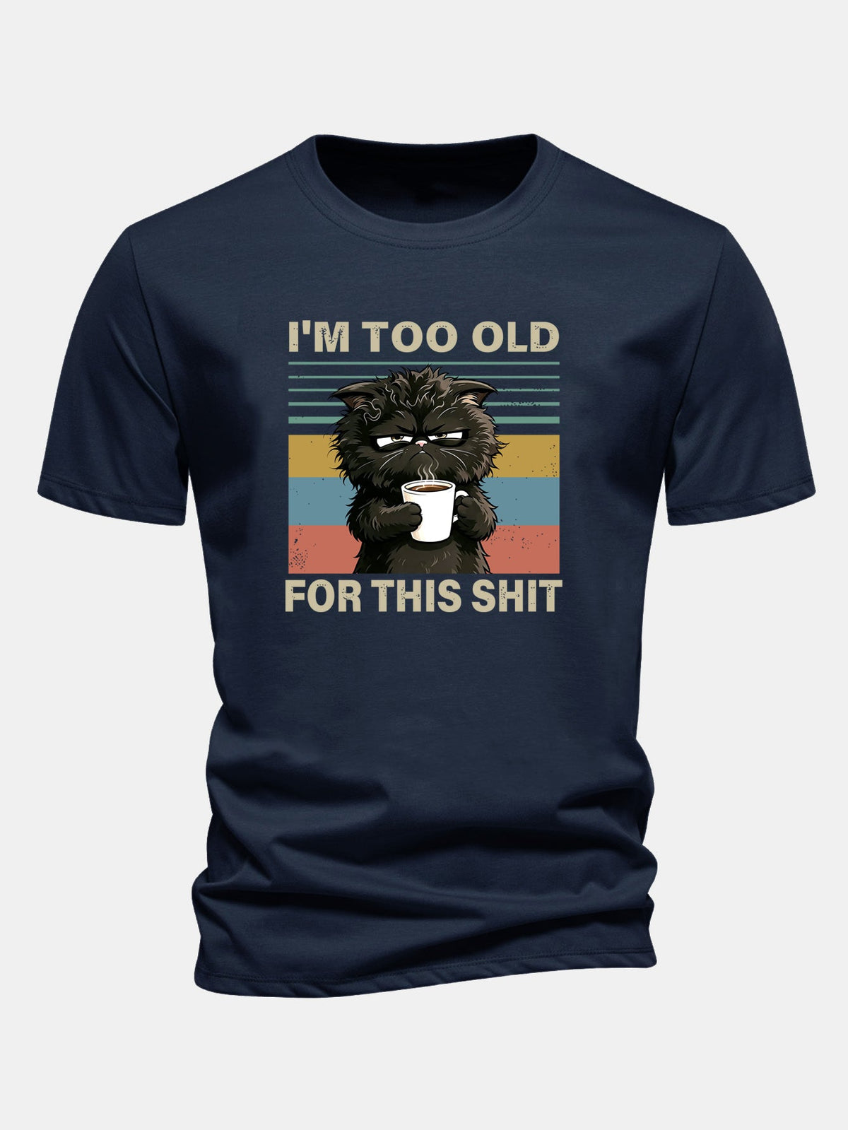 Camiseta de algodão preta de corte regular com estampa de gato preto “Estou velho demais para essa merda”