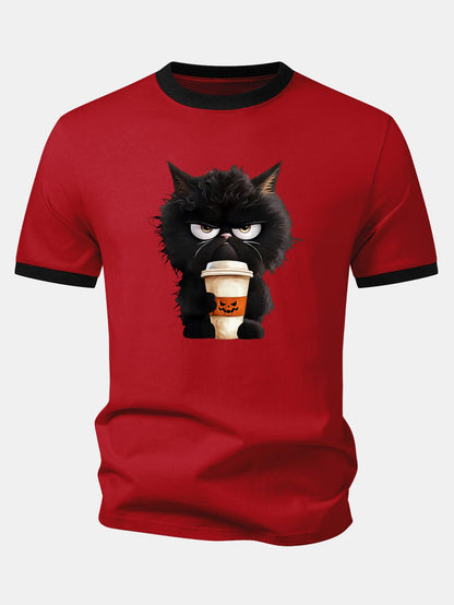 Camiseta Ringer Contrastante com Estampa de Gato Preto, Café e Halloween