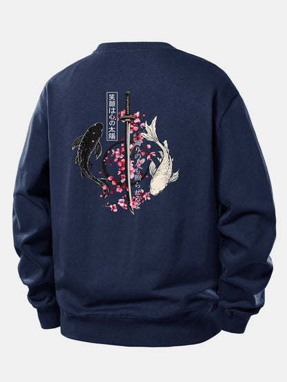Moletom de modelagem confortável com estampa de samurai japonês, katana, peixe koi e sakura