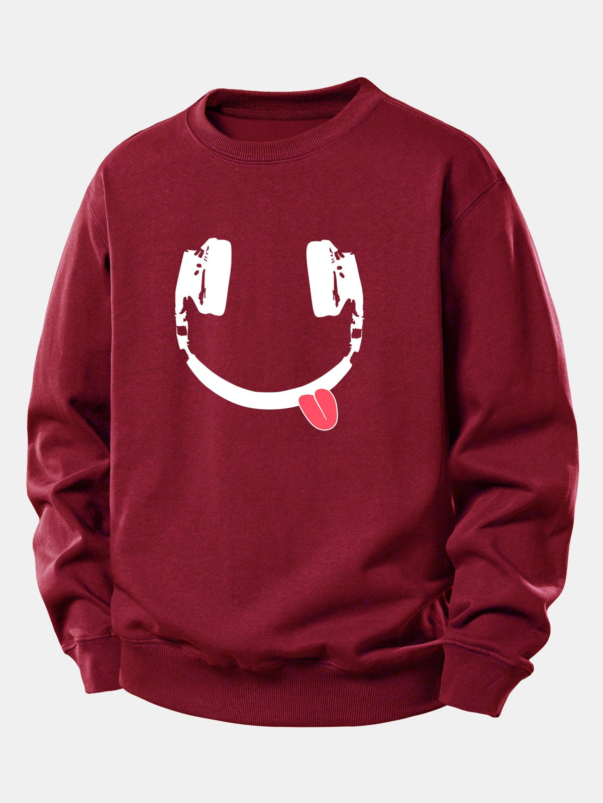 Moletom de caimento confortável com estampa de carinha sorridente usando fones de ouvido