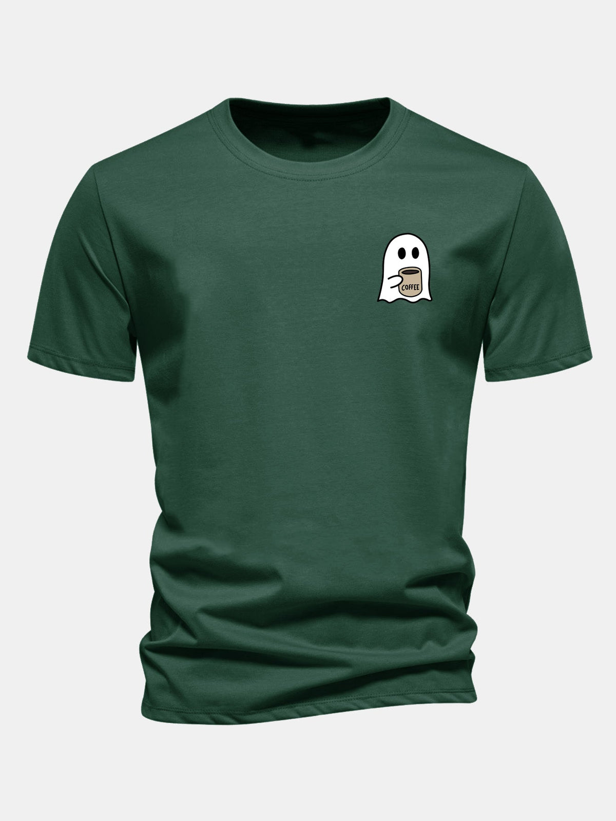 Camiseta de algodão com estampa de fantasma tomando café e caimento regular