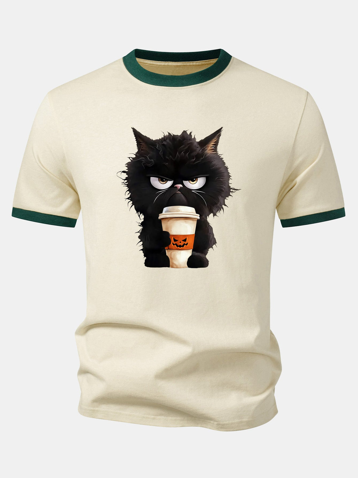Camiseta Ringer Contrastante com Estampa de Gato Preto, Café e Halloween