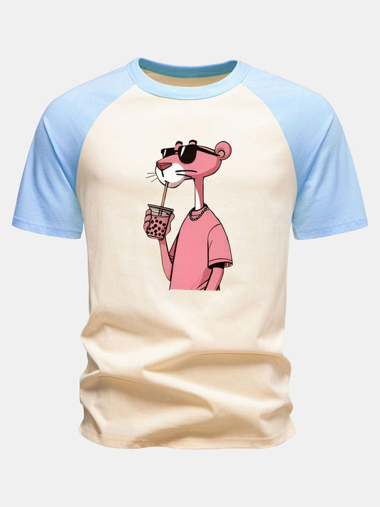 Camiseta de Algodão com Estampa da Pantera Cor-de-Rosa e Mangas Raglan