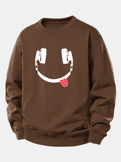 Moletom de caimento confortável com estampa de carinha sorridente usando fones de ouvido