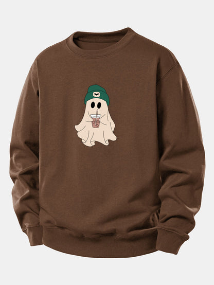 Moletom de corte confortável com estampa de fantasma fofo tomando café