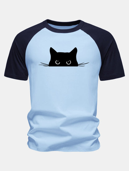 Camiseta de algodão com mangas raglã e estampa de gato preto
