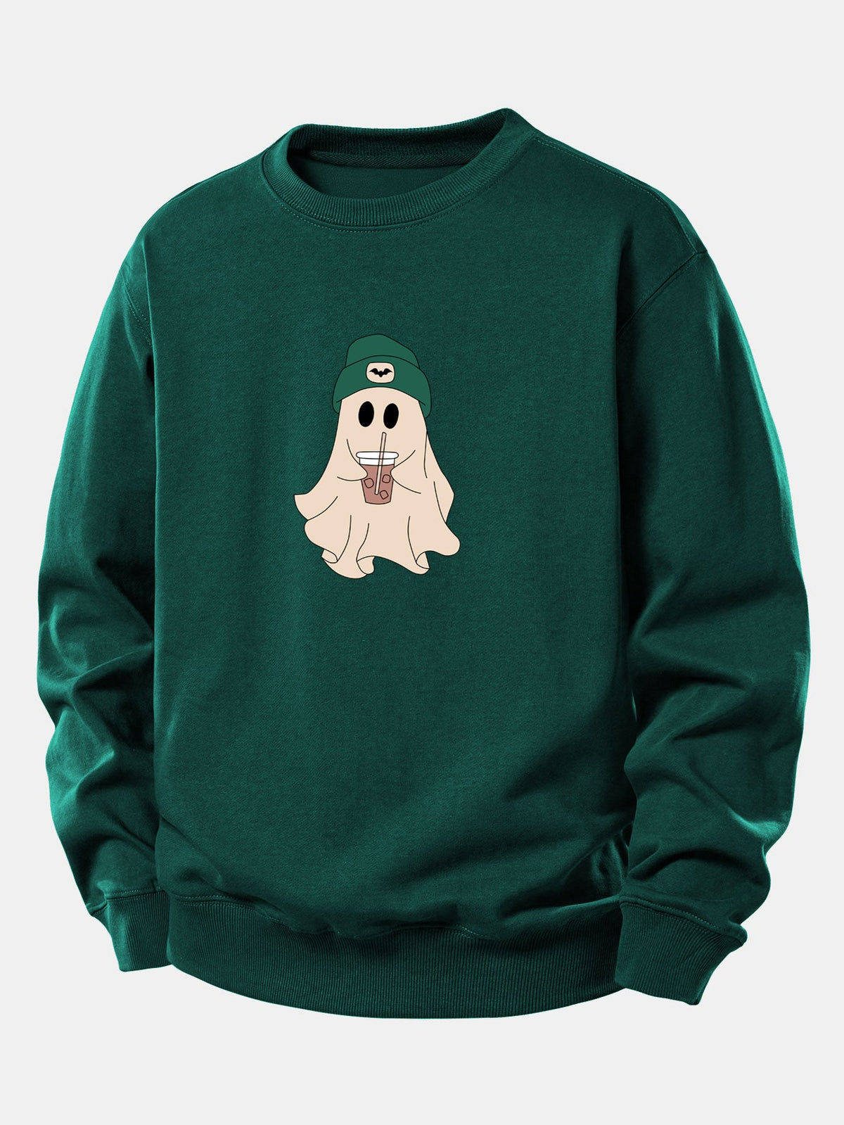 Moletom de corte confortável com estampa de fantasma fofo tomando café