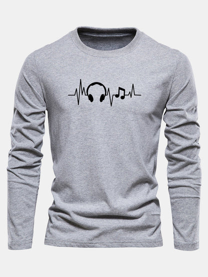 Camiseta de algodão com mangas longas e estampa de batimentos cardíacos musicais