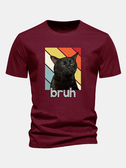 Camiseta de algodão preta com estampa de gato, corte regular, Bruh