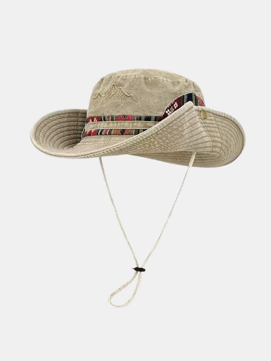 Chapéu boonie para sol e atividades ao ar livre, lavado, com faixa étnica e bordado de montanha