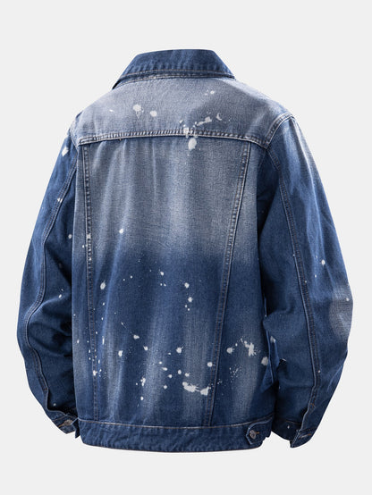 Jaqueta jeans lavada desgastada com respingos de tinta