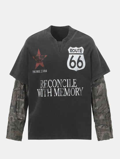 Camiseta 2 em 1 com Estampa de Slogan e Efeito Desgastado