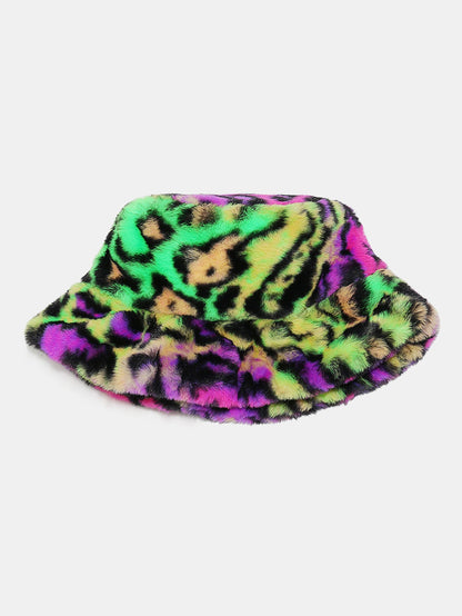 Chapéu Bucket de Pelo Sintético com Estampa Colorida de Leopardo