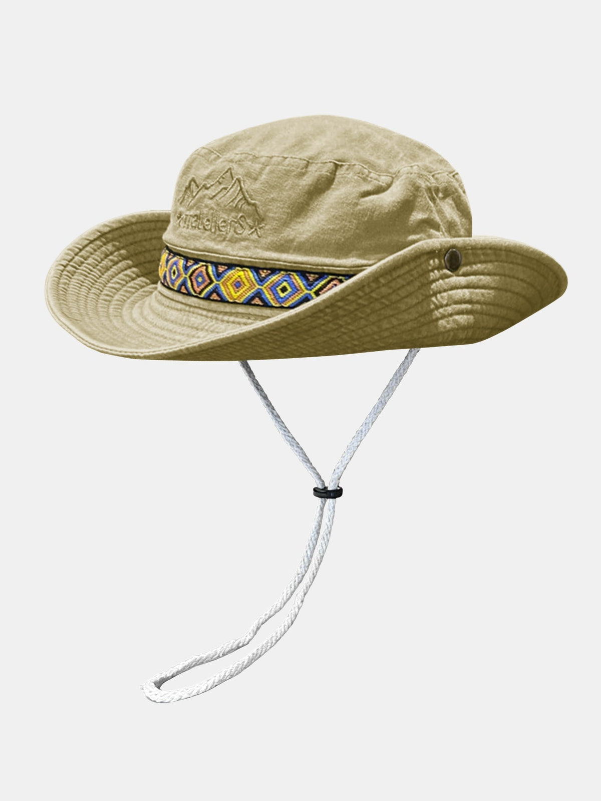 Chapéu Boonie vintage para atividades ao ar livre, com bordado de montanha, faixa étnica e proteção solar para trilhas