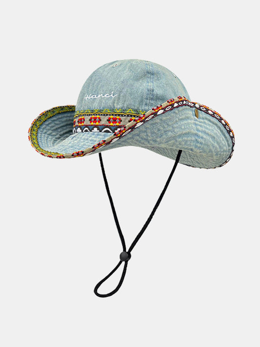 Chapéu Boonie de Sarja Boho Étnico com Acabamento Trançado