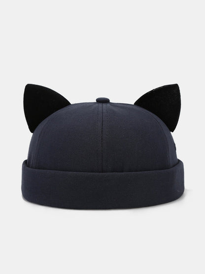 Gorro docker de pelúcia de cor sólida com orelhas de gato, punho dobrado, algodão macio e sem aba