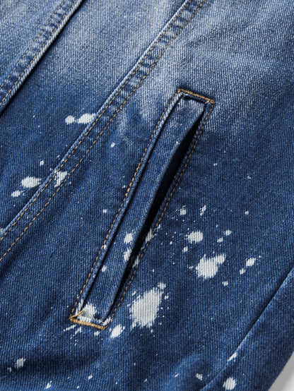 Jaqueta jeans lavada desgastada com respingos de tinta