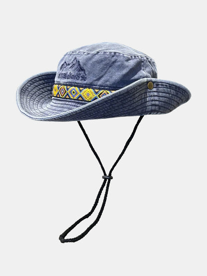 Chapéu Boonie vintage para atividades ao ar livre, com bordado de montanha, faixa étnica e proteção solar para trilhas