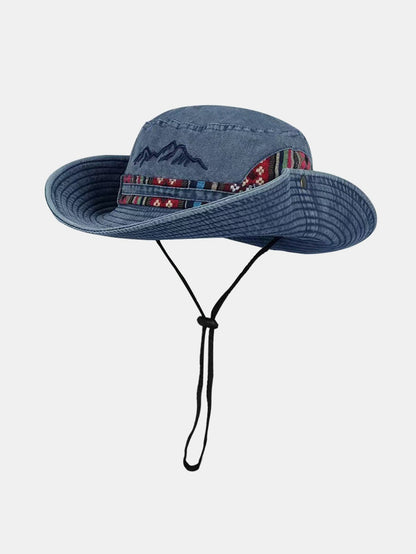 Chapéu boonie para sol e atividades ao ar livre, lavado, com faixa étnica e bordado de montanha
