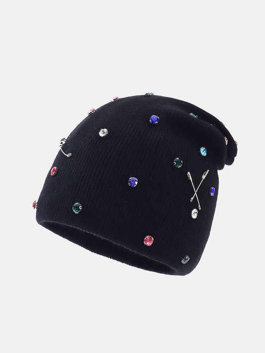 Gorro de Tricô Quente Estilo Punk Fashion com Strass e Broche