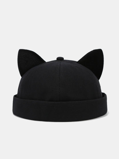 Gorro docker de pelúcia de cor sólida com orelhas de gato, punho dobrado, algodão macio e sem aba