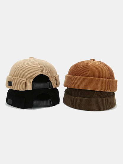 Gorro docker ajustável de veludo cotelê com etiqueta quadrada, estilo skullcap