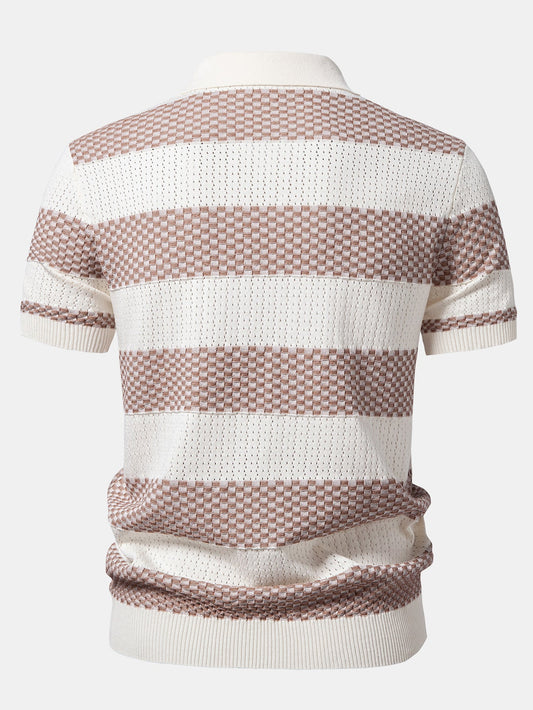 Polo de tricô texturizado listrado com decote em V