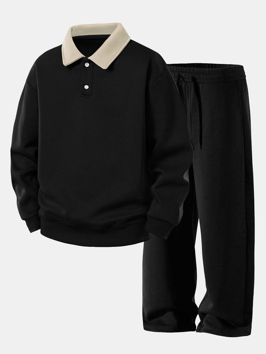 Moletom Polo com Contraste e Calça de Moletom de Perna Reta, Modelagem Relaxada