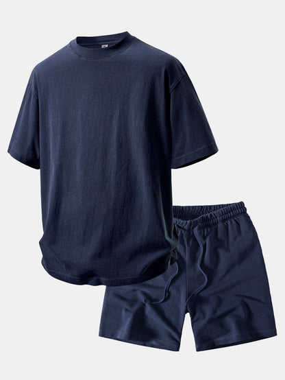 Camiseta Pesada com Ombro Caído e Efeito Lavado & Shorts com Cordão e Efeito Desgastado Lavado