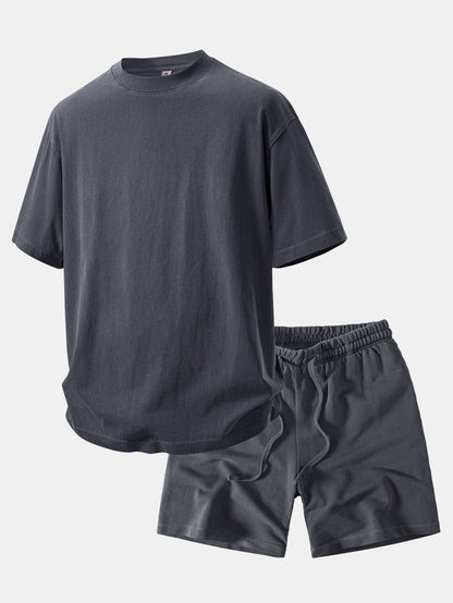 Camiseta Pesada com Ombro Caído e Efeito Lavado & Shorts com Cordão e Efeito Desgastado Lavado