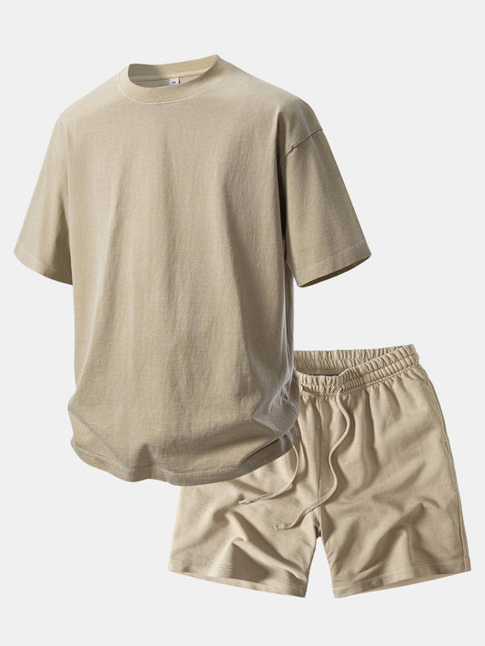Camiseta Pesada com Ombro Caído e Efeito Lavado & Shorts com Cordão e Efeito Desgastado Lavado