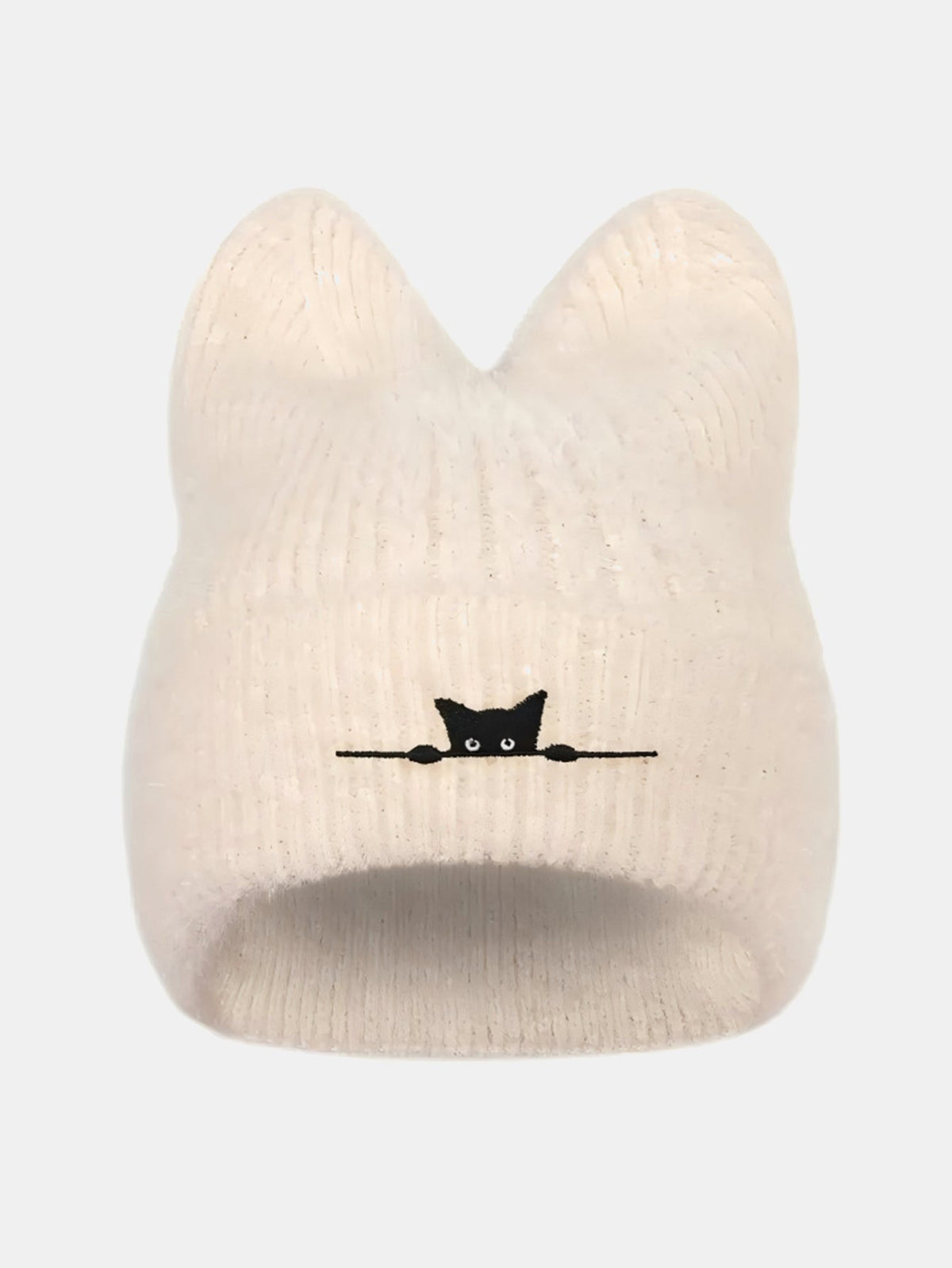 Gorro de pelúcia espessa com orelhas de gato e gato preto bordado