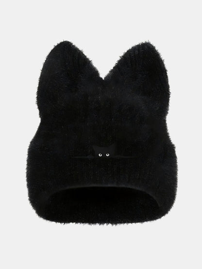 Gorro de pelúcia espessa com orelhas de gato e gato preto bordado